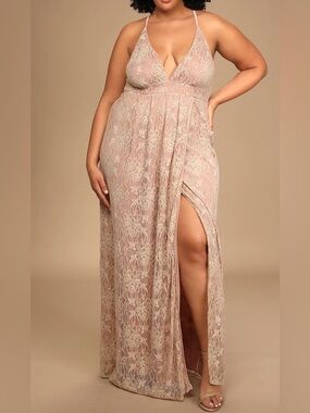 Lulus Lace Formal Maxi Dress Womens Size 1X Tan Ivory Bridesmaid Wedding